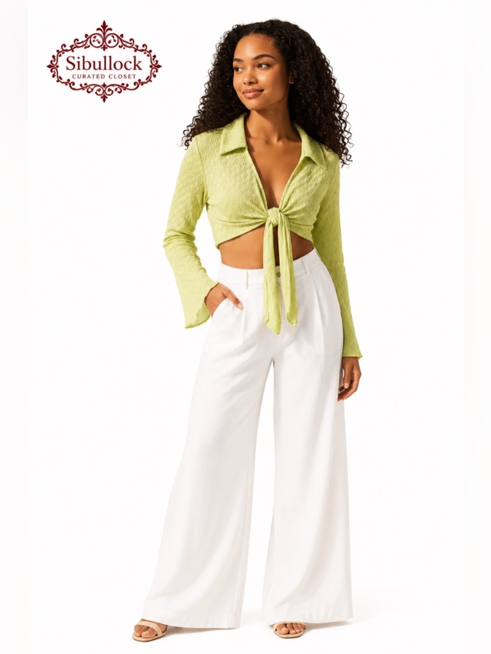 Bear Dance Lime Green Tie-Front Crop Blouse